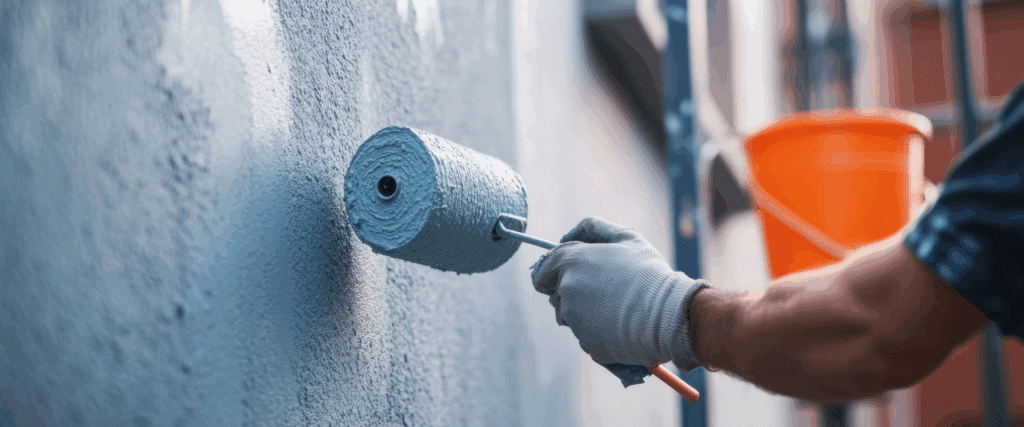 Main gantée peignant un mur texturé en bleu clair avec un rouleau. Seau orange et échelle flous en arrière-plan, projet de rénovation.