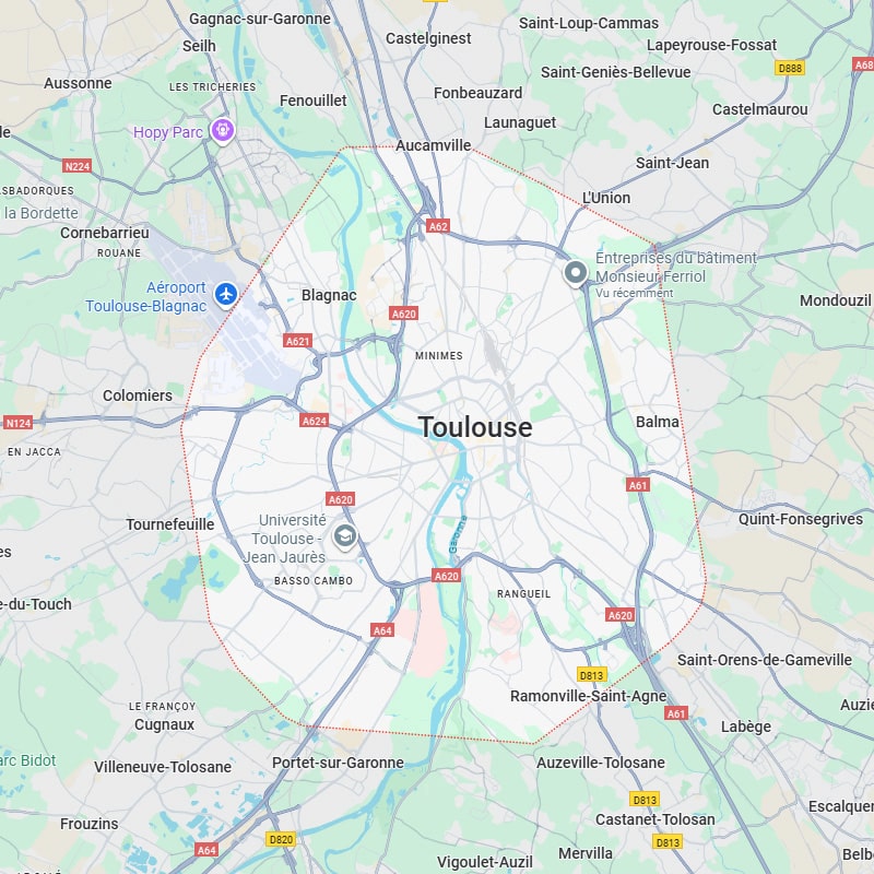 Carte de Toulouse et sa périphérie, incluant Blagnac et l'Aéroport Toulouse-Blagnac. Le périmètre rouge englobe les communes avoisinantes, avec les axes A62, A620, A64.